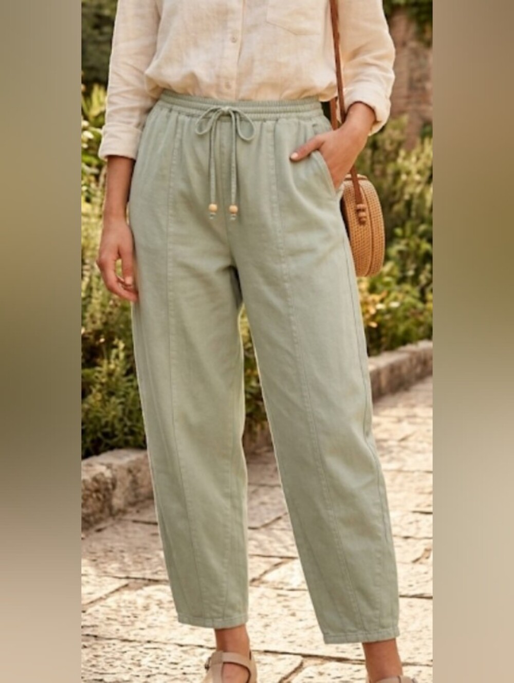 100% Cotton Drawstring Loose Fit Cropped Barrel Pants (Sz S) Elastic Waist Sage